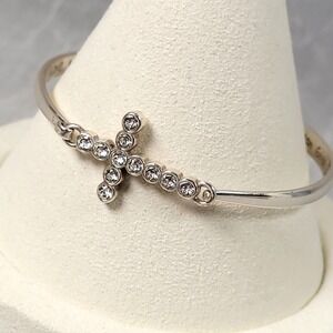 URLOVED Sterling Silver Cross Bangle Bracelet Rhinestone Inspirational Engraved